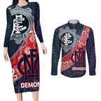 Personalised Demons And Blues Football Couples Matching Long Sleeve Bodycon Dress and Long Sleeve Button Shirt Aboriginal Art