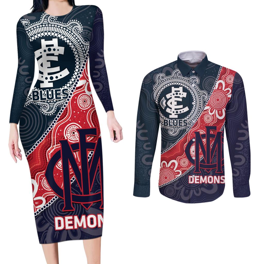 Personalised Demons And Blues Football Couples Matching Long Sleeve Bodycon Dress and Long Sleeve Button Shirt Aboriginal Art