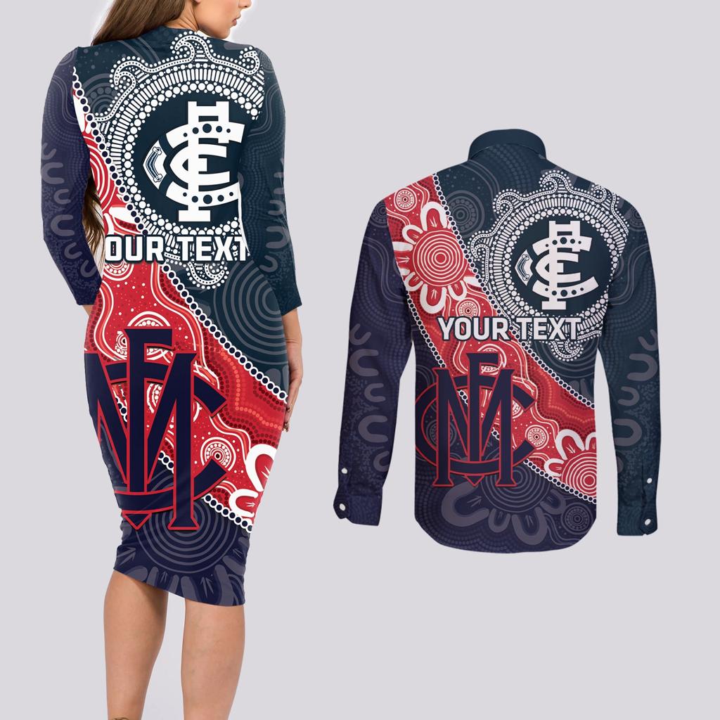Personalised Demons And Blues Football Couples Matching Long Sleeve Bodycon Dress and Long Sleeve Button Shirt Aboriginal Art