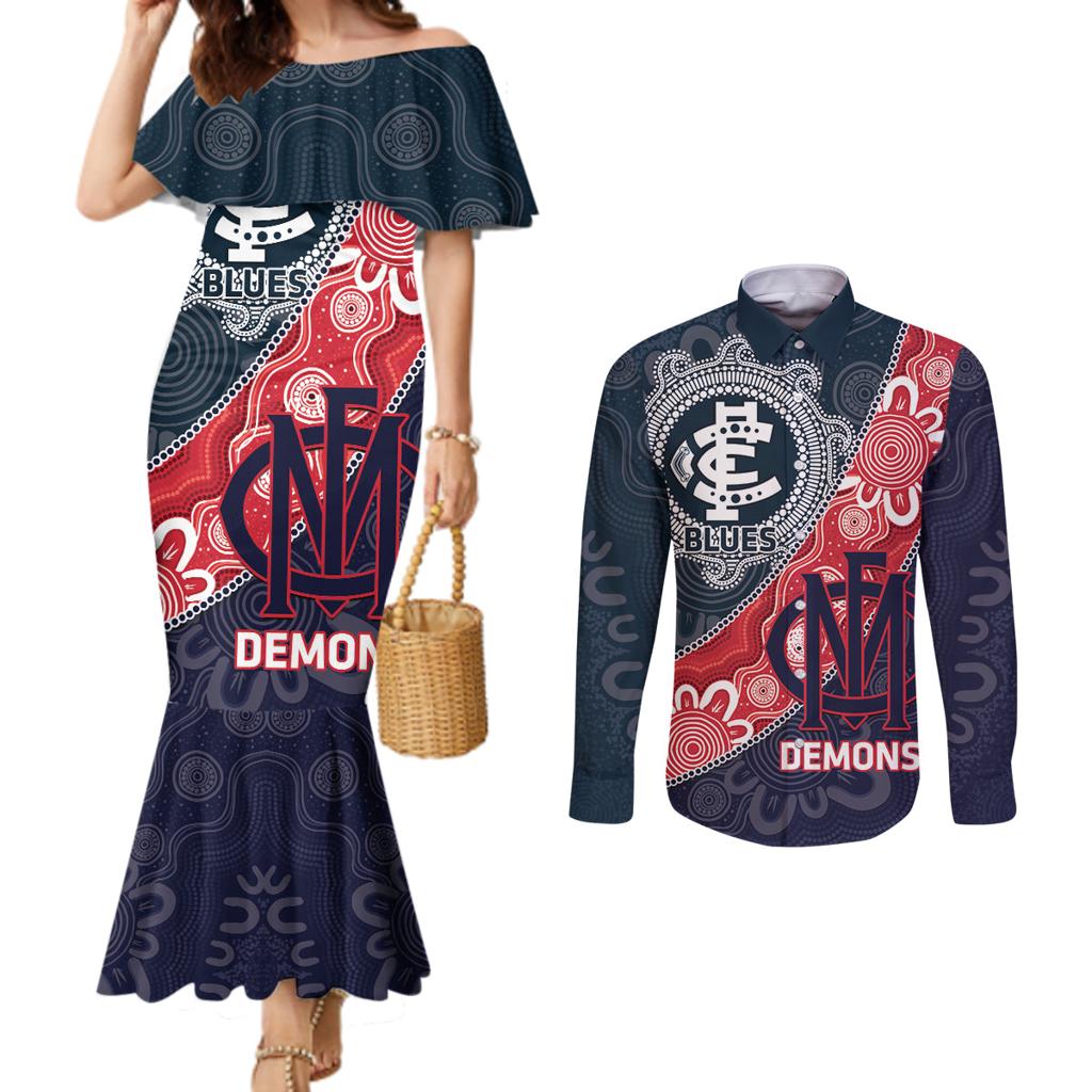 Personalised Demons And Blues Football Couples Matching Mermaid Dress and Long Sleeve Button Shirt Aboriginal Art