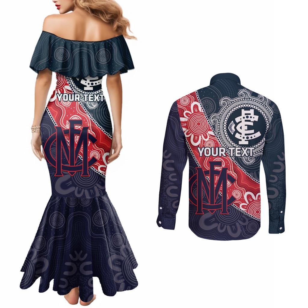 Personalised Demons And Blues Football Couples Matching Mermaid Dress and Long Sleeve Button Shirt Aboriginal Art