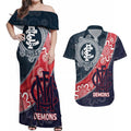Personalised Demons And Blues Football Couples Matching Off Shoulder Maxi Dress and Hawaiian Shirt Aboriginal Art