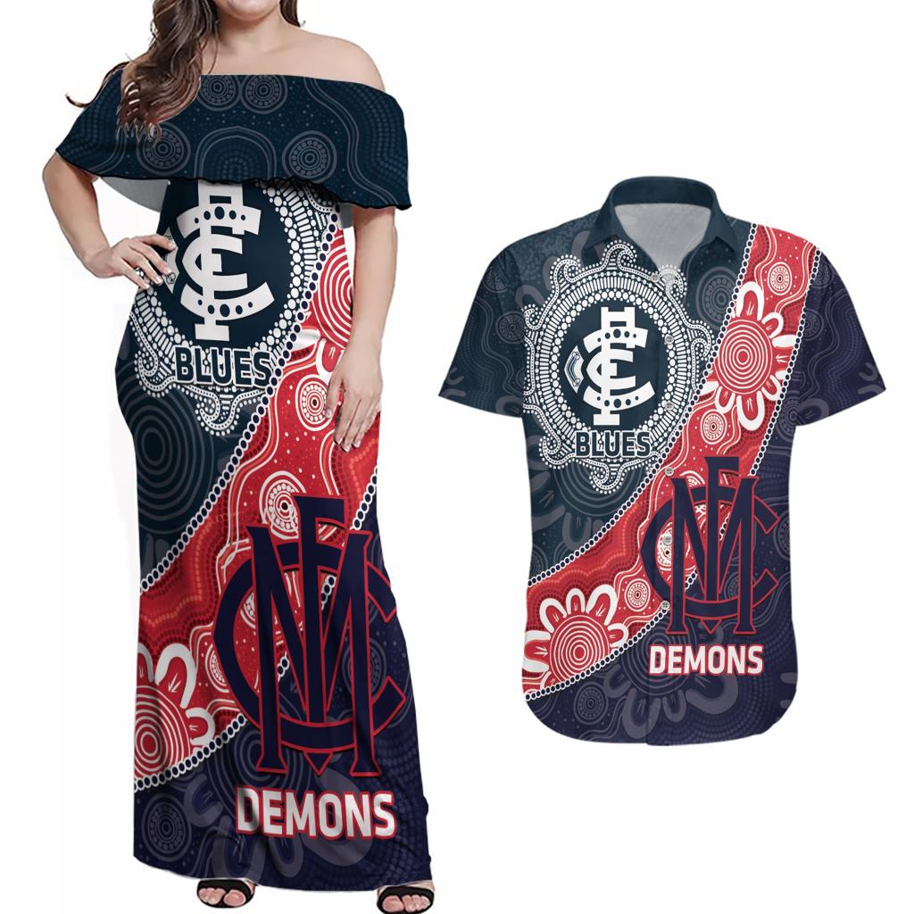 Personalised Demons And Blues Football Couples Matching Off Shoulder Maxi Dress and Hawaiian Shirt Aboriginal Art