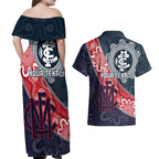 Personalised Demons And Blues Football Couples Matching Off Shoulder Maxi Dress and Hawaiian Shirt Aboriginal Art