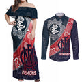 Personalised Demons And Blues Football Couples Matching Off Shoulder Maxi Dress and Long Sleeve Button Shirt Aboriginal Art