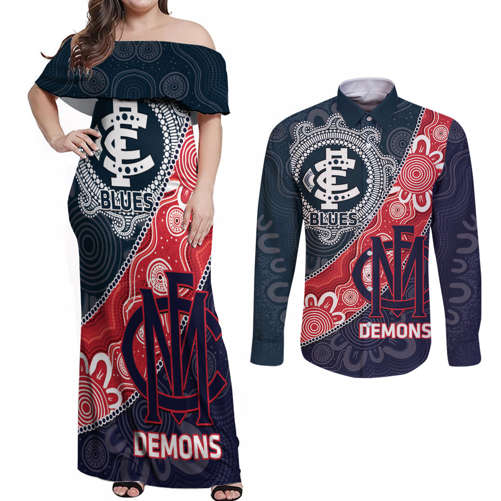 Personalised Demons And Blues Football Couples Matching Off Shoulder Maxi Dress and Long Sleeve Button Shirt Aboriginal Art