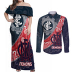 Personalised Demons And Blues Football Couples Matching Off Shoulder Maxi Dress and Long Sleeve Button Shirt Aboriginal Art