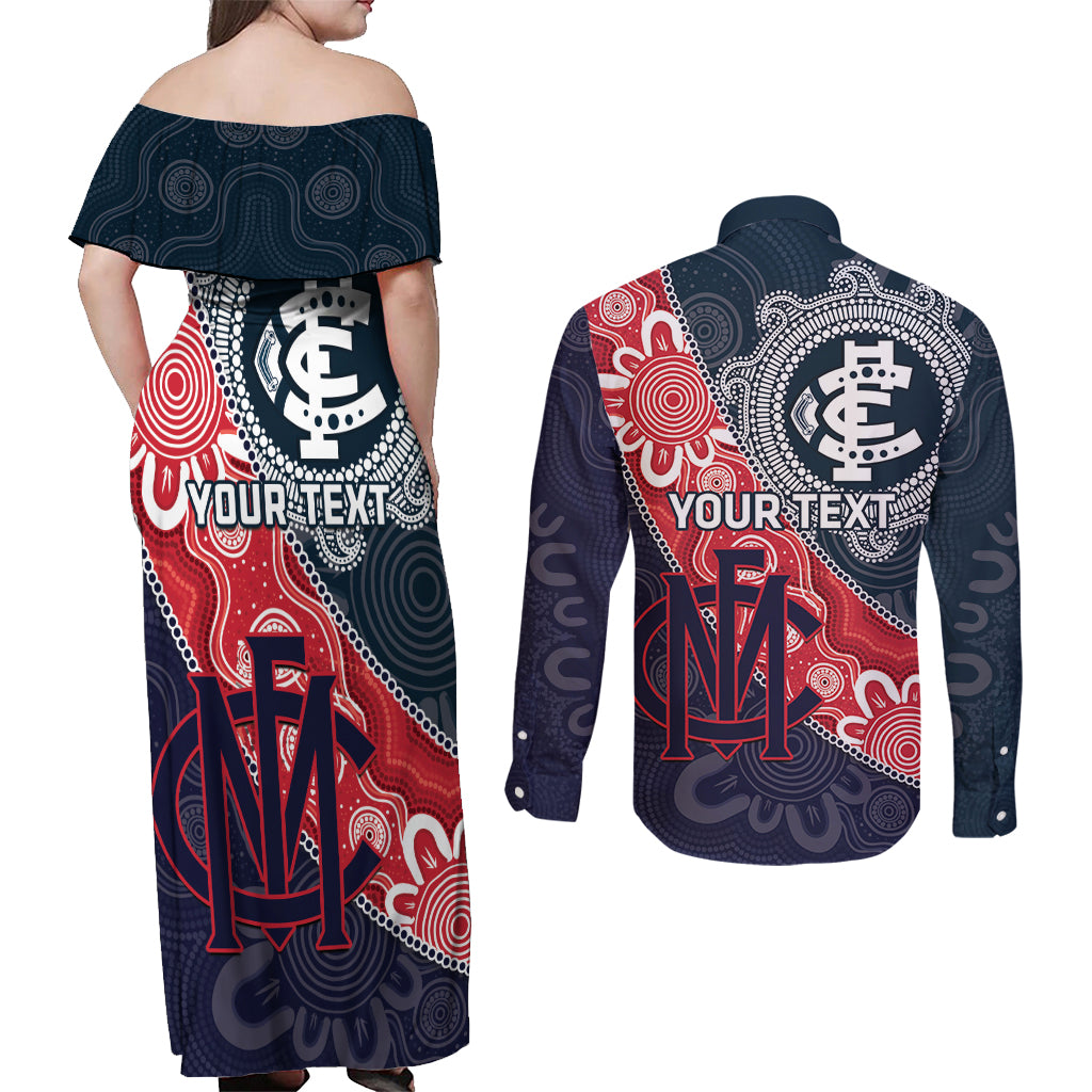 Personalised Demons And Blues Football Couples Matching Off Shoulder Maxi Dress and Long Sleeve Button Shirt Aboriginal Art