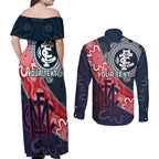 Personalised Demons And Blues Football Couples Matching Off Shoulder Maxi Dress and Long Sleeve Button Shirt Aboriginal Art