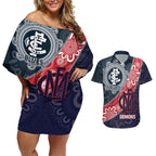 Personalised Demons And Blues Football Couples Matching Off Shoulder Short Dress and Hawaiian Shirt Aboriginal Art