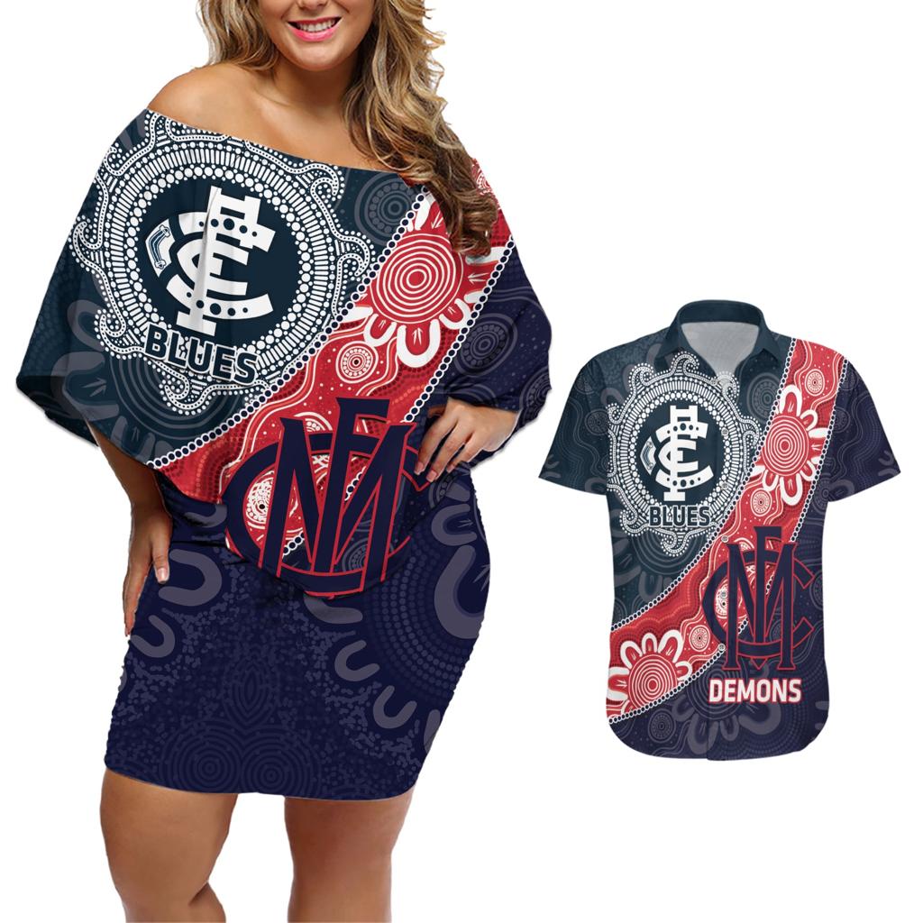 Personalised Demons And Blues Football Couples Matching Off Shoulder Short Dress and Hawaiian Shirt Aboriginal Art