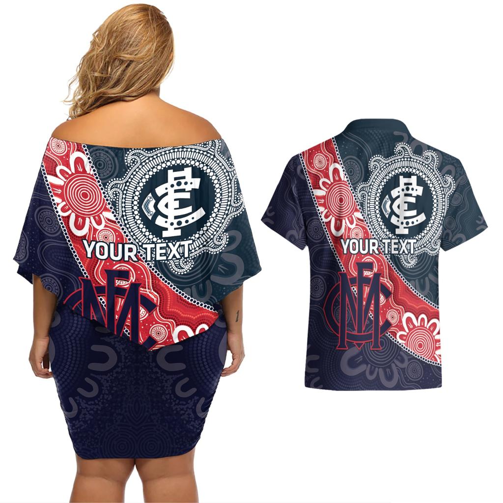 Personalised Demons And Blues Football Couples Matching Off Shoulder Short Dress and Hawaiian Shirt Aboriginal Art