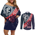 Personalised Demons And Blues Football Couples Matching Off Shoulder Short Dress and Long Sleeve Button Shirt Aboriginal Art