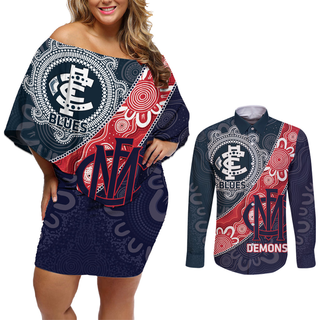 Personalised Demons And Blues Football Couples Matching Off Shoulder Short Dress and Long Sleeve Button Shirt Aboriginal Art
