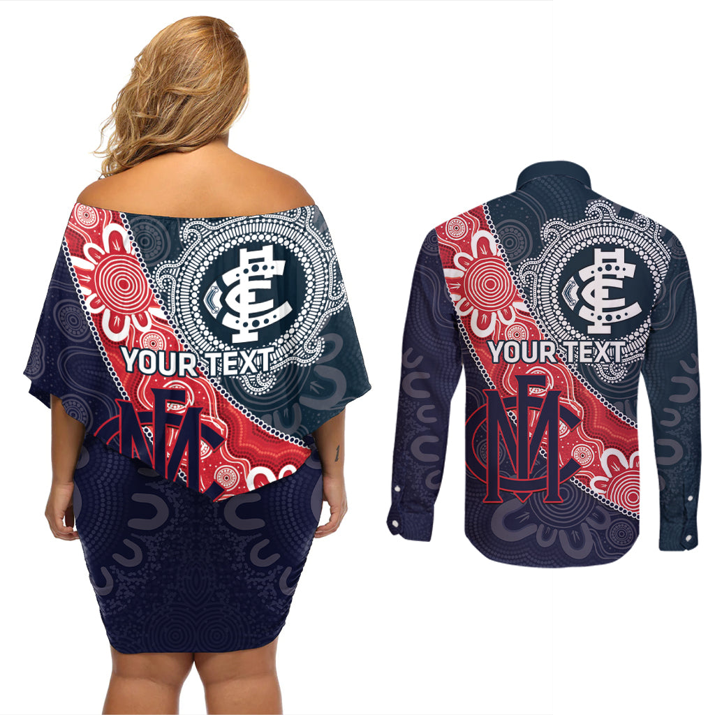 Personalised Demons And Blues Football Couples Matching Off Shoulder Short Dress and Long Sleeve Button Shirt Aboriginal Art