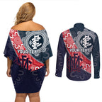 Personalised Demons And Blues Football Couples Matching Off Shoulder Short Dress and Long Sleeve Button Shirt Aboriginal Art