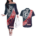 Personalised Demons And Blues Football Couples Matching Off The Shoulder Long Sleeve Dress and Hawaiian Shirt Aboriginal Art