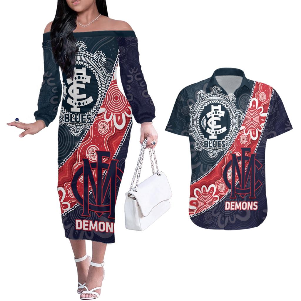 Personalised Demons And Blues Football Couples Matching Off The Shoulder Long Sleeve Dress and Hawaiian Shirt Aboriginal Art
