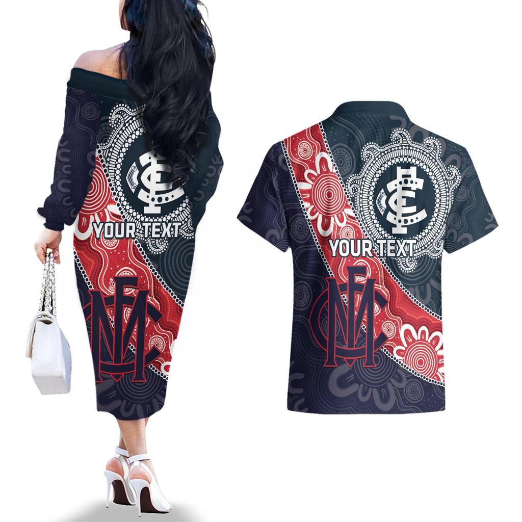 Personalised Demons And Blues Football Couples Matching Off The Shoulder Long Sleeve Dress and Hawaiian Shirt Aboriginal Art