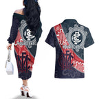Personalised Demons And Blues Football Couples Matching Off The Shoulder Long Sleeve Dress and Hawaiian Shirt Aboriginal Art