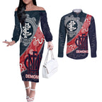 Personalised Demons And Blues Football Couples Matching Off The Shoulder Long Sleeve Dress and Long Sleeve Button Shirt Aboriginal Art