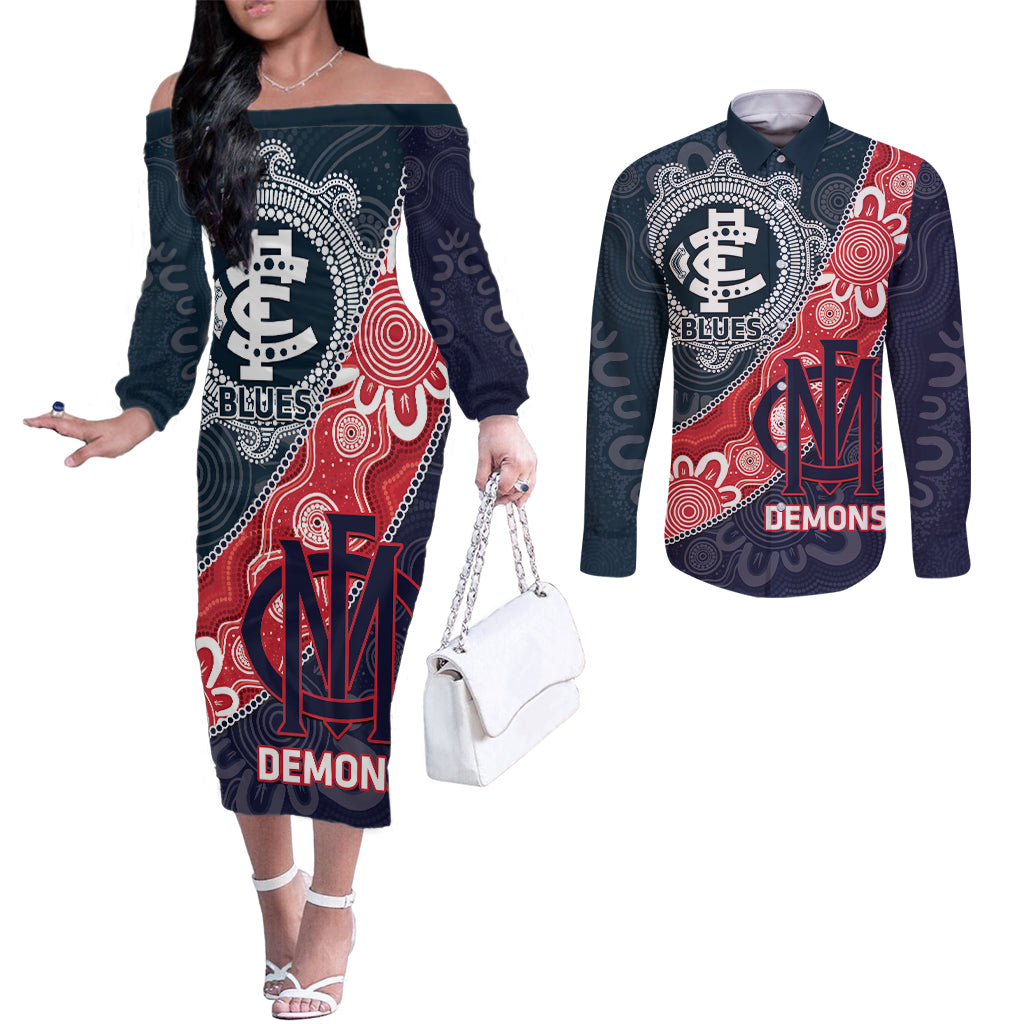 Personalised Demons And Blues Football Couples Matching Off The Shoulder Long Sleeve Dress and Long Sleeve Button Shirt Aboriginal Art