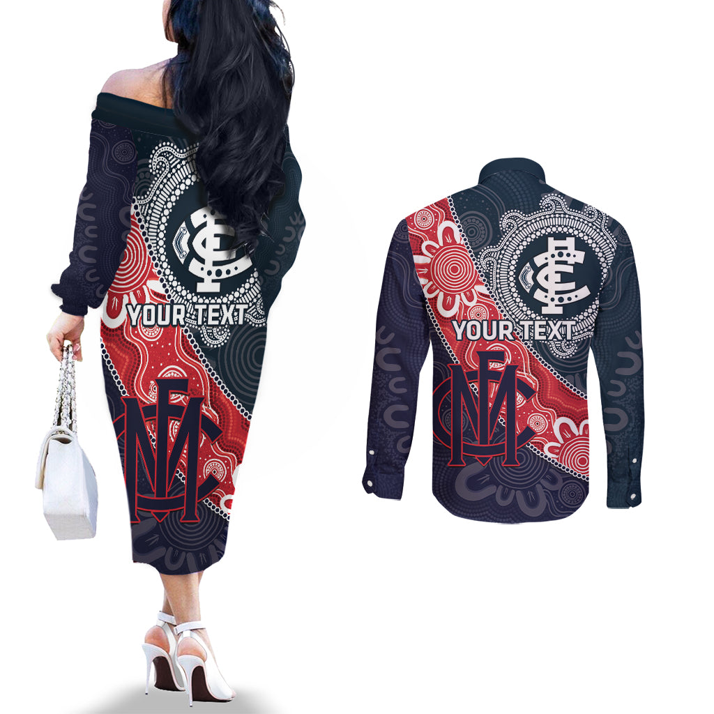 Personalised Demons And Blues Football Couples Matching Off The Shoulder Long Sleeve Dress and Long Sleeve Button Shirt Aboriginal Art