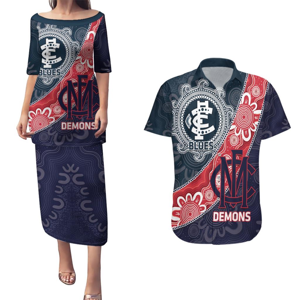 Personalised Demons And Blues Football Couples Matching Puletasi and Hawaiian Shirt Aboriginal Art