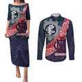 Personalised Demons And Blues Football Couples Matching Puletasi and Long Sleeve Button Shirt Aboriginal Art