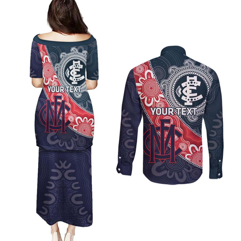 Personalised Demons And Blues Football Couples Matching Puletasi and Long Sleeve Button Shirt Aboriginal Art