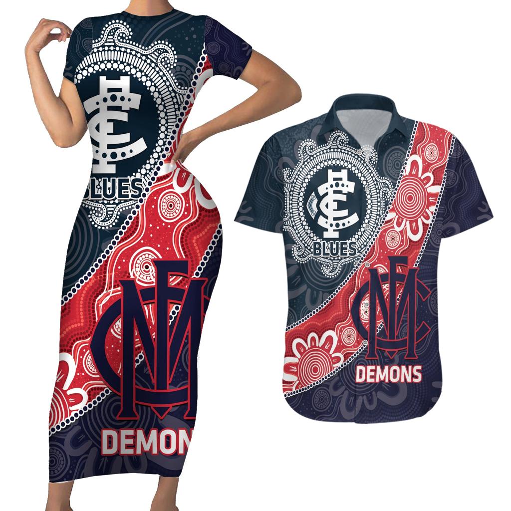 Personalised Demons And Blues Football Couples Matching Short Sleeve Bodycon Dress and Hawaiian Shirt Aboriginal Art