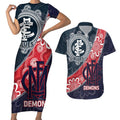 Personalised Demons And Blues Football Couples Matching Short Sleeve Bodycon Dress and Hawaiian Shirt Aboriginal Art