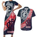 Personalised Demons And Blues Football Couples Matching Short Sleeve Bodycon Dress and Hawaiian Shirt Aboriginal Art