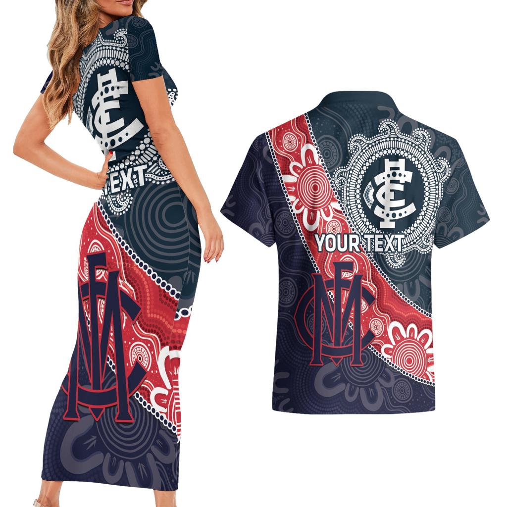 Personalised Demons And Blues Football Couples Matching Short Sleeve Bodycon Dress and Hawaiian Shirt Aboriginal Art