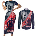 Personalised Demons And Blues Football Couples Matching Short Sleeve Bodycon Dress and Long Sleeve Button Shirt Aboriginal Art