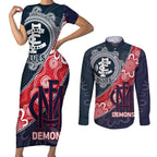 Personalised Demons And Blues Football Couples Matching Short Sleeve Bodycon Dress and Long Sleeve Button Shirt Aboriginal Art