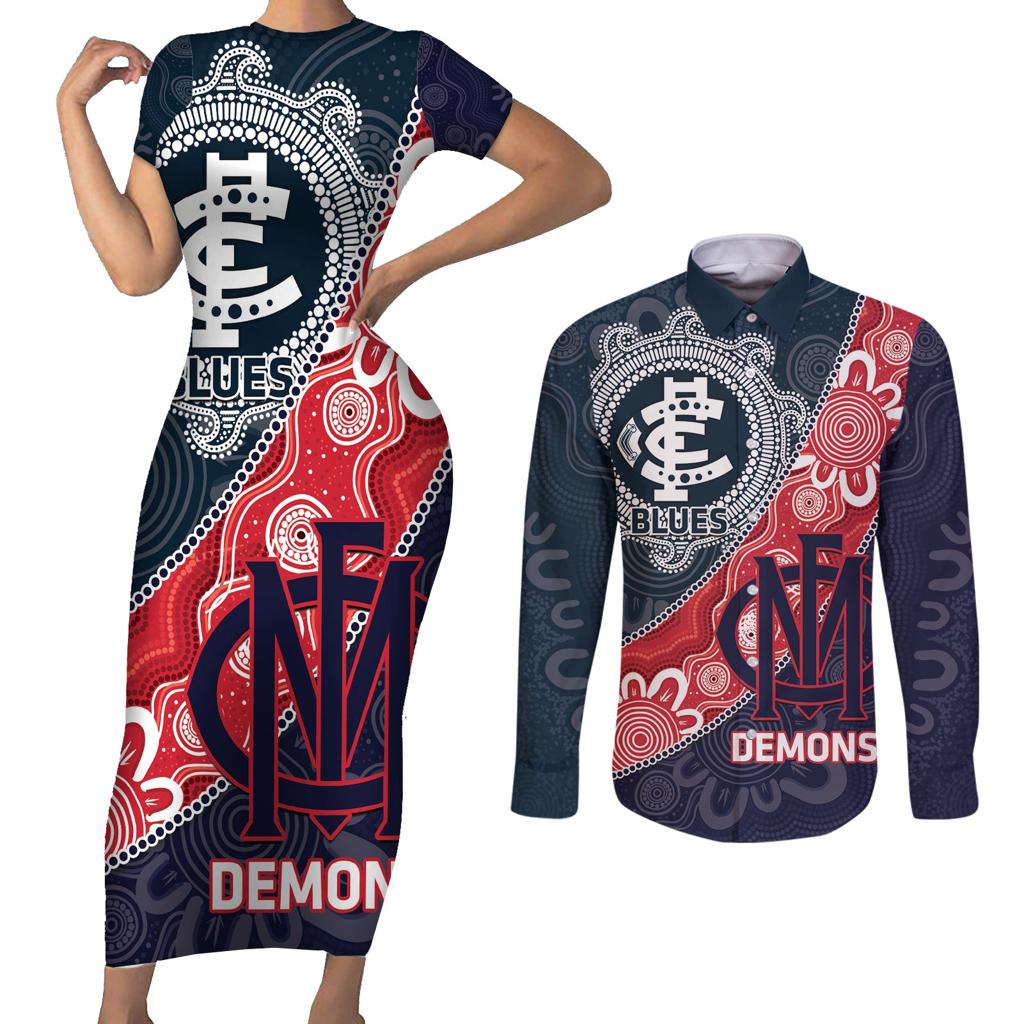 Personalised Demons And Blues Football Couples Matching Short Sleeve Bodycon Dress and Long Sleeve Button Shirt Aboriginal Art
