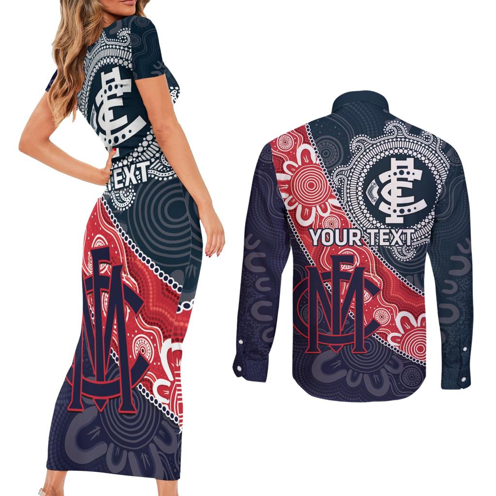 Personalised Demons And Blues Football Couples Matching Short Sleeve Bodycon Dress and Long Sleeve Button Shirt Aboriginal Art