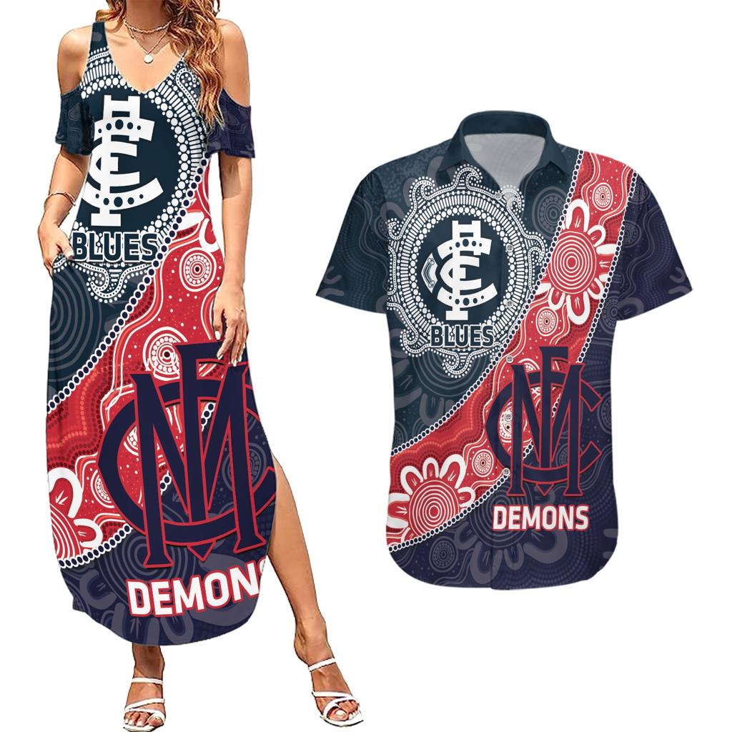 Personalised Demons And Blues Football Couples Matching Summer Maxi Dress and Hawaiian Shirt Aboriginal Art