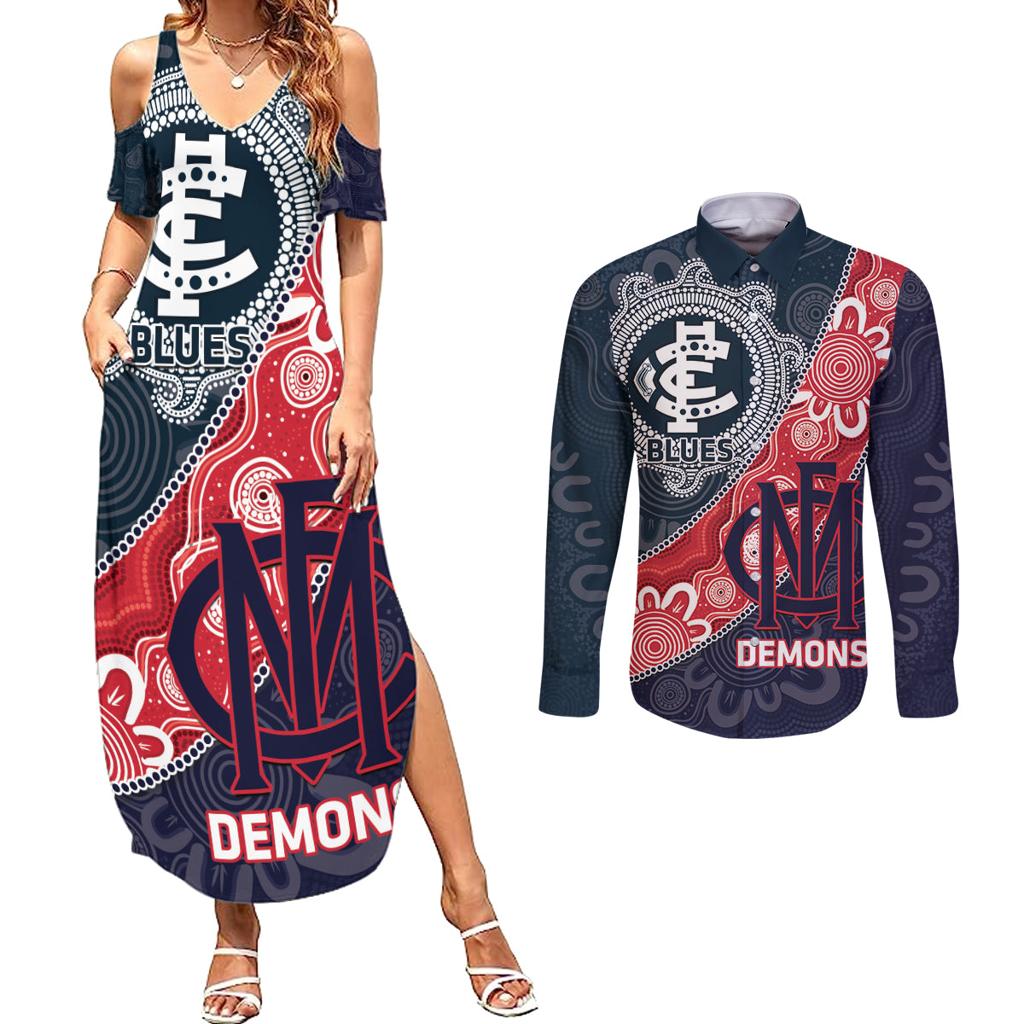Personalised Demons And Blues Football Couples Matching Summer Maxi Dress and Long Sleeve Button Shirt Aboriginal Art