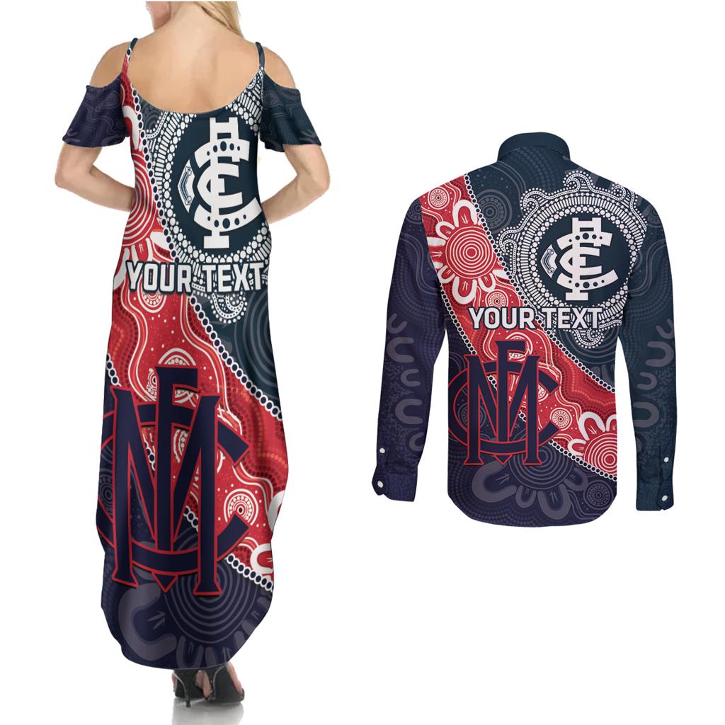 Personalised Demons And Blues Football Couples Matching Summer Maxi Dress and Long Sleeve Button Shirt Aboriginal Art