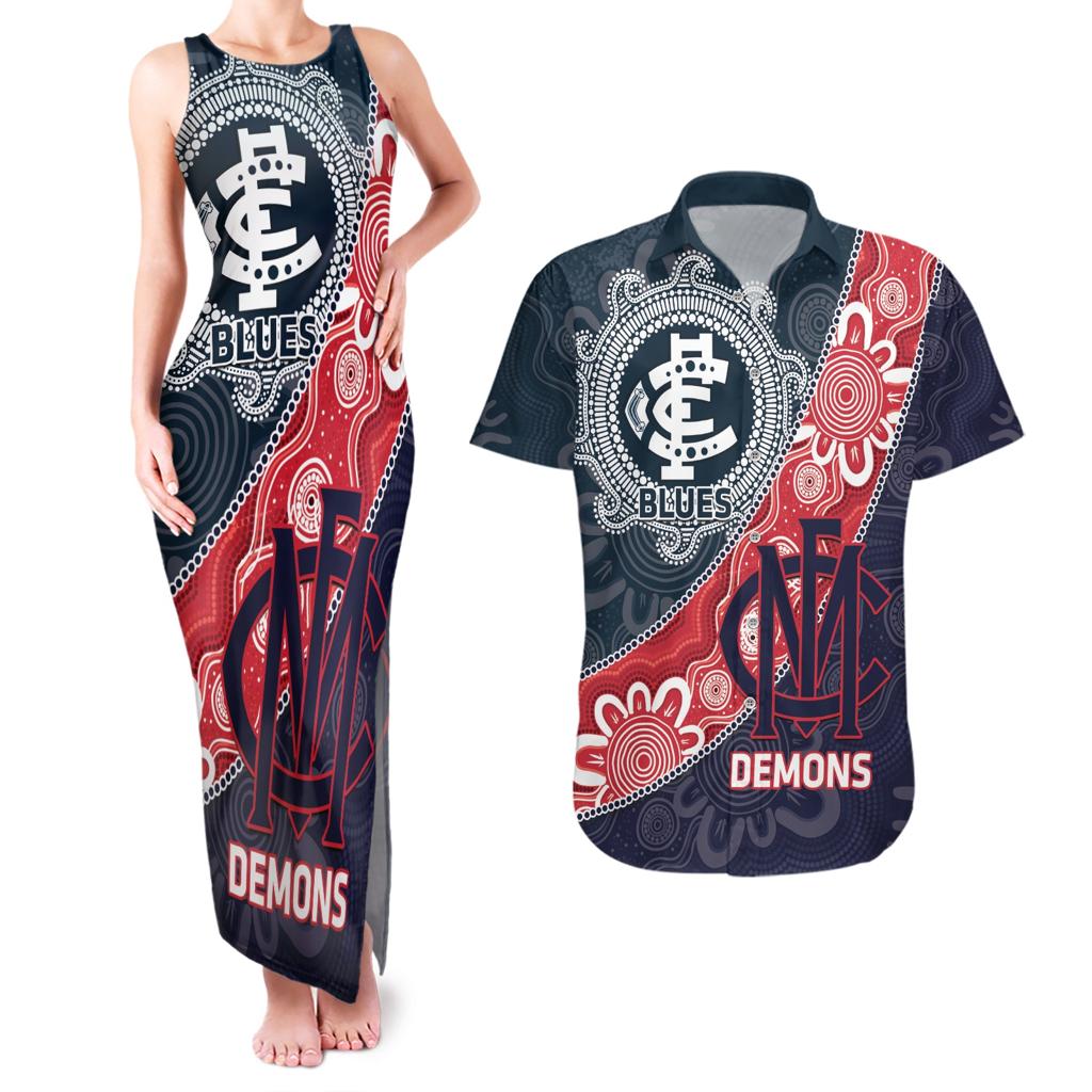 Personalised Demons And Blues Football Couples Matching Tank Maxi Dress and Hawaiian Shirt Aboriginal Art