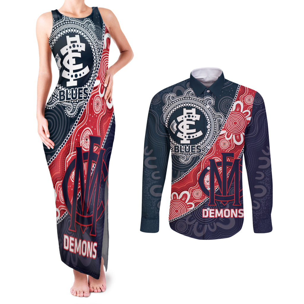 Personalised Demons And Blues Football Couples Matching Tank Maxi Dress and Long Sleeve Button Shirt Aboriginal Art