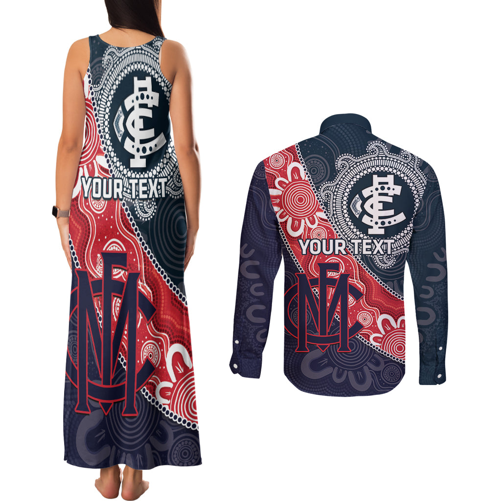 Personalised Demons And Blues Football Couples Matching Tank Maxi Dress and Long Sleeve Button Shirt Aboriginal Art