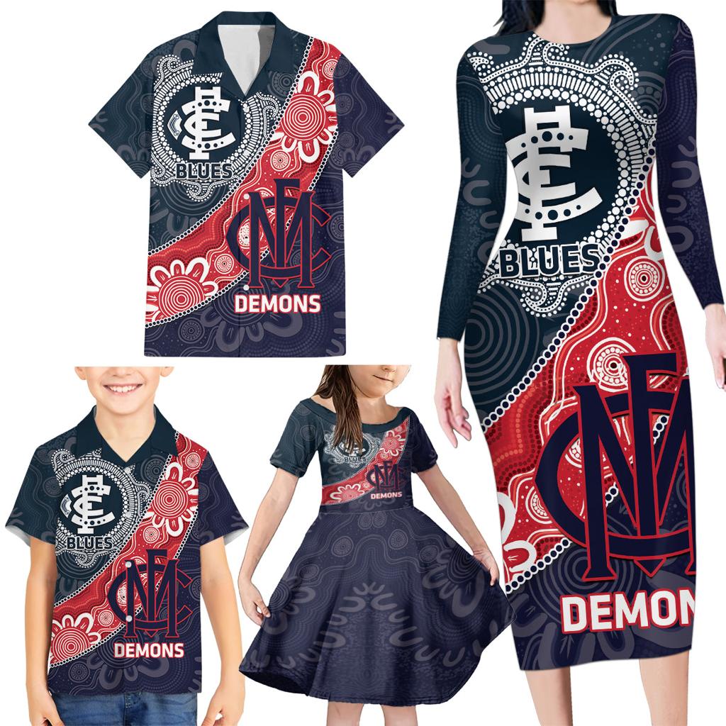 Personalised Demons And Blues Football Family Matching Long Sleeve Bodycon Dress and Hawaiian Shirt Aboriginal Art
