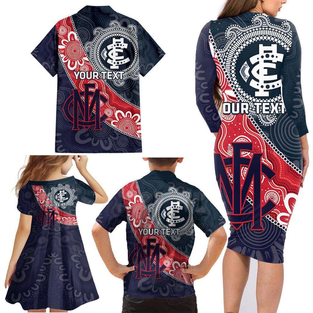 Personalised Demons And Blues Football Family Matching Long Sleeve Bodycon Dress and Hawaiian Shirt Aboriginal Art