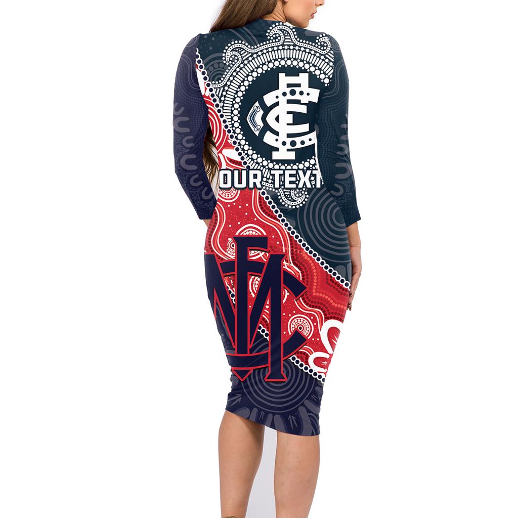 Personalised Demons And Blues Football Family Matching Long Sleeve Bodycon Dress and Hawaiian Shirt Aboriginal Art