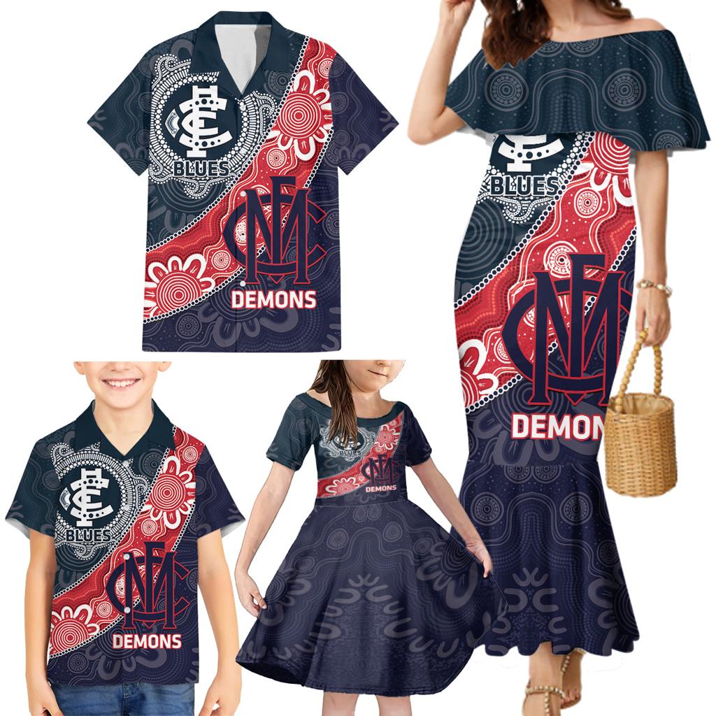 Personalised Demons And Blues Football Family Matching Mermaid Dress and Hawaiian Shirt Aboriginal Art