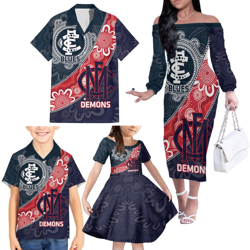 Personalised Demons And Blues Football Family Matching Off The Shoulder Long Sleeve Dress and Hawaiian Shirt Aboriginal Art