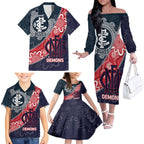 Personalised Demons And Blues Football Family Matching Off The Shoulder Long Sleeve Dress and Hawaiian Shirt Aboriginal Art